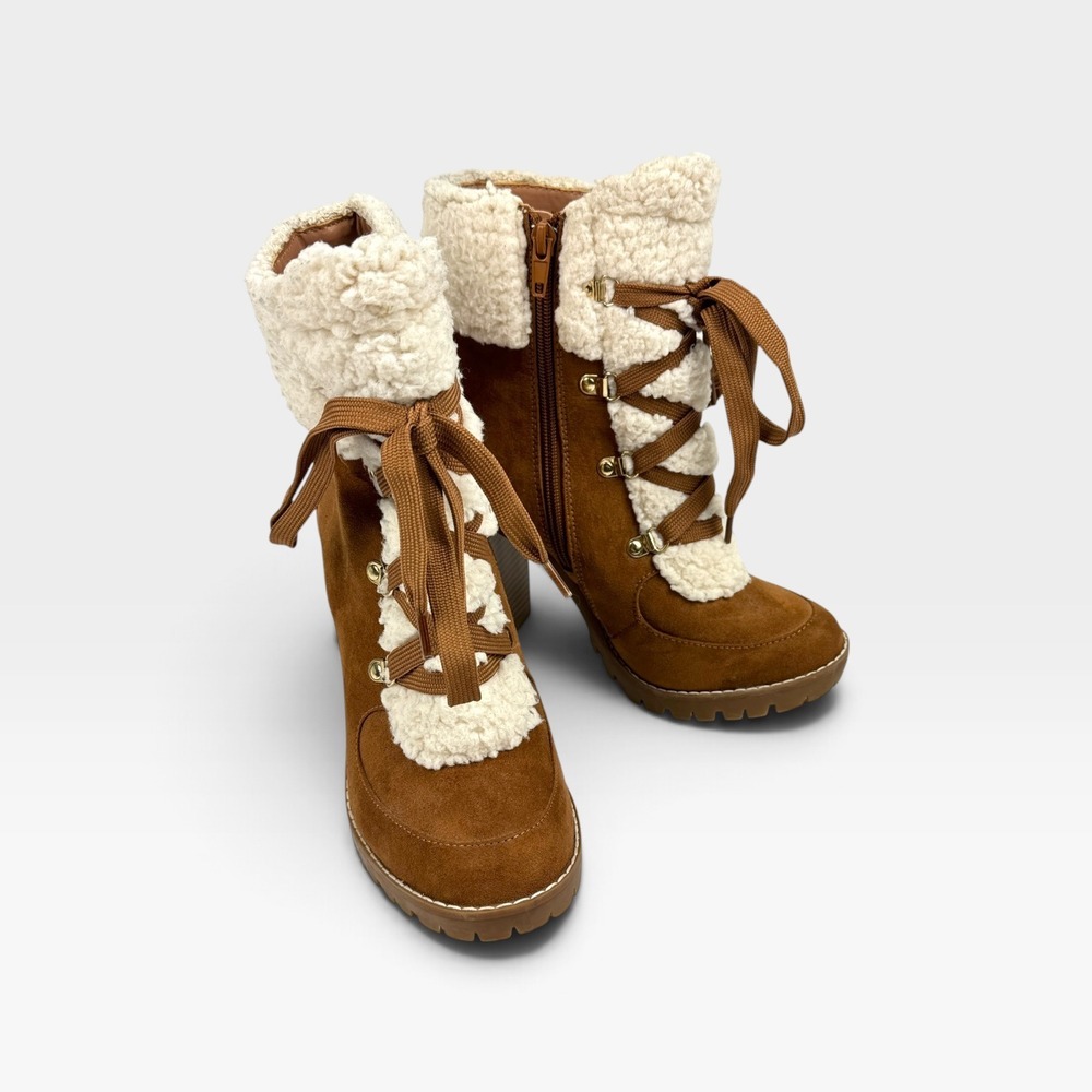 BCBGeneration Palli Brown Faux Suede Fur Trim Lace Up Block Heel Boots 8M